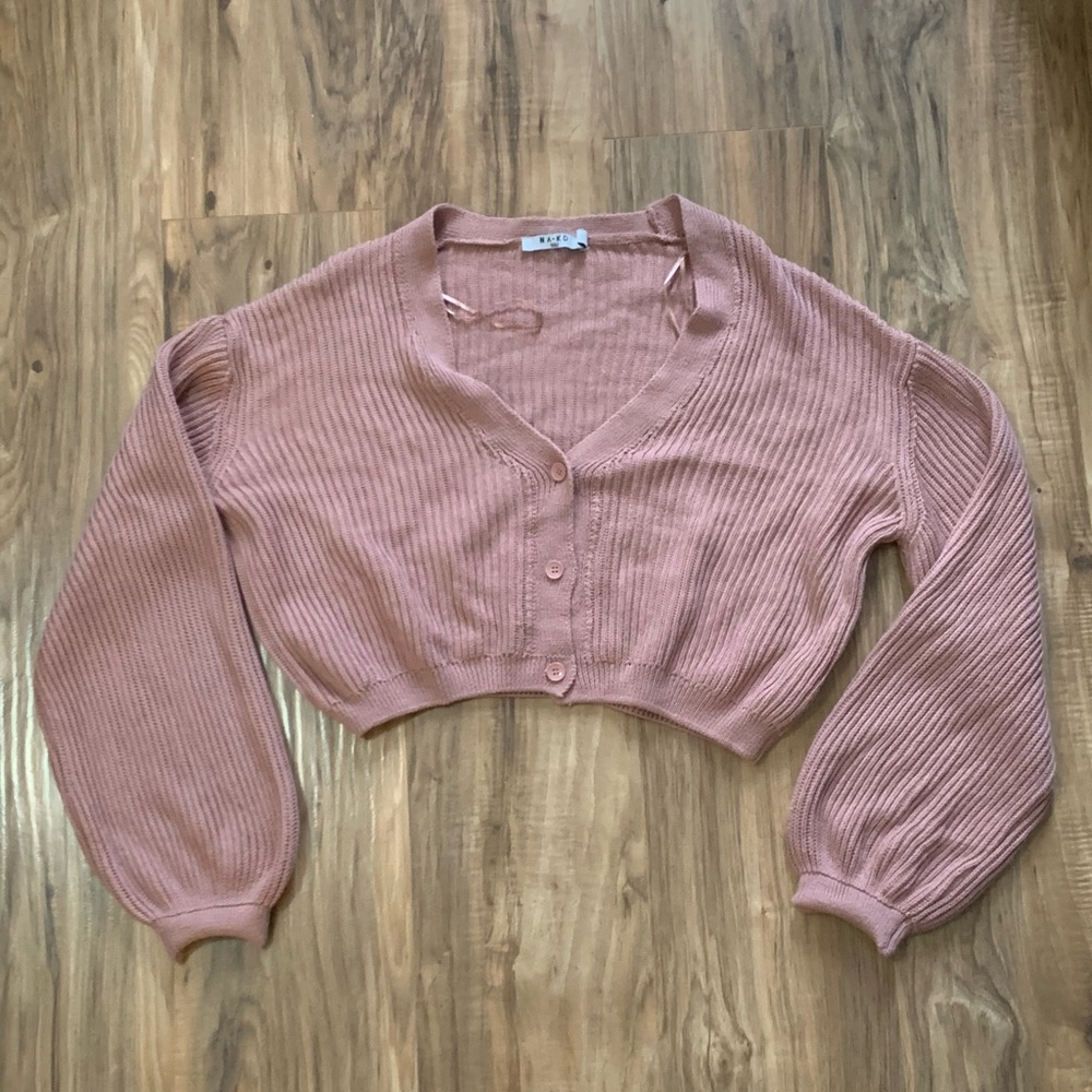 NA-KD V-Neck Balloon Sleeve Dusty Pink Cardigan
